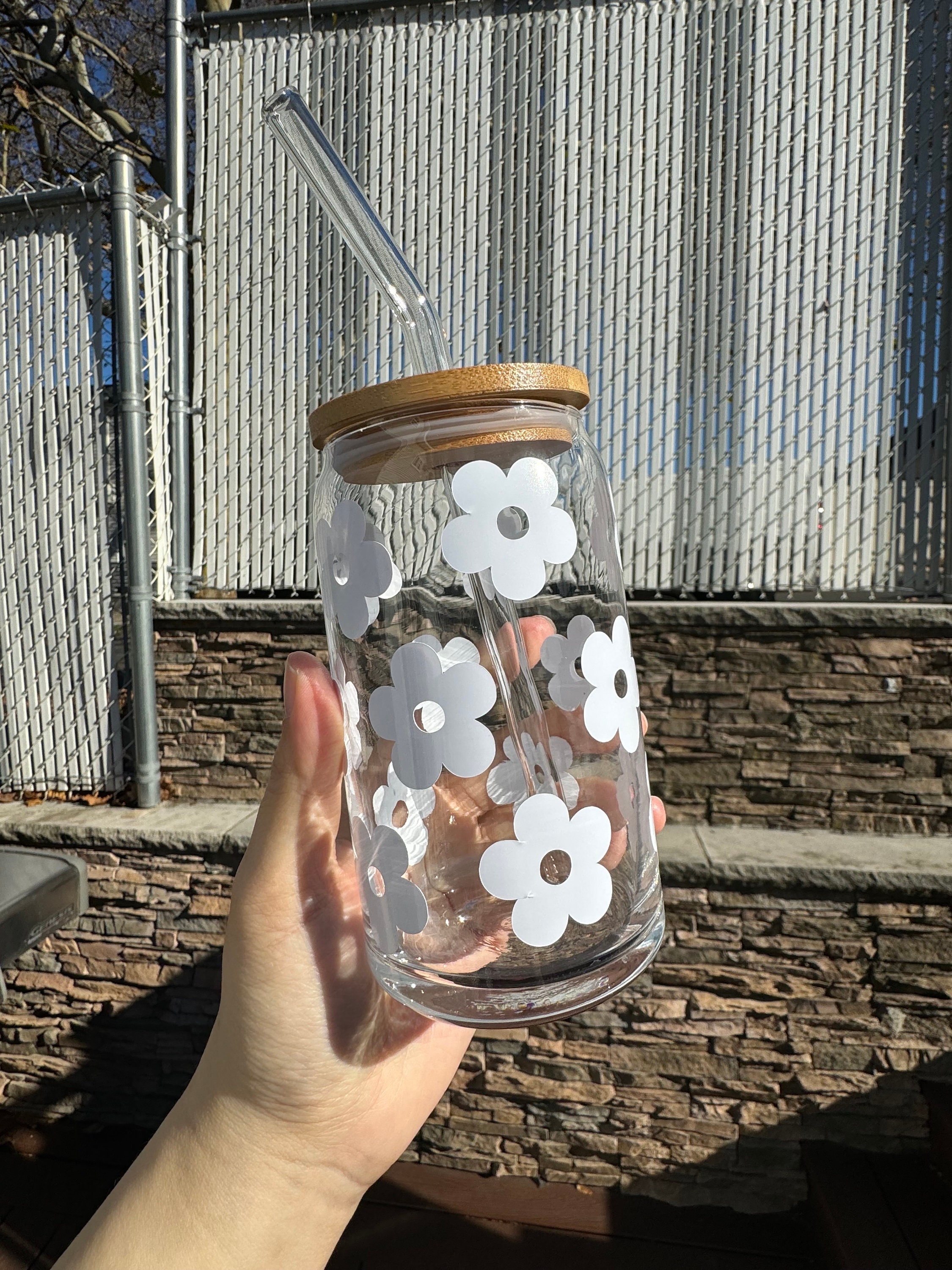 Daisy Iced Coffee Cup With Glass With Lid & Straw | Retro Floral Can ...