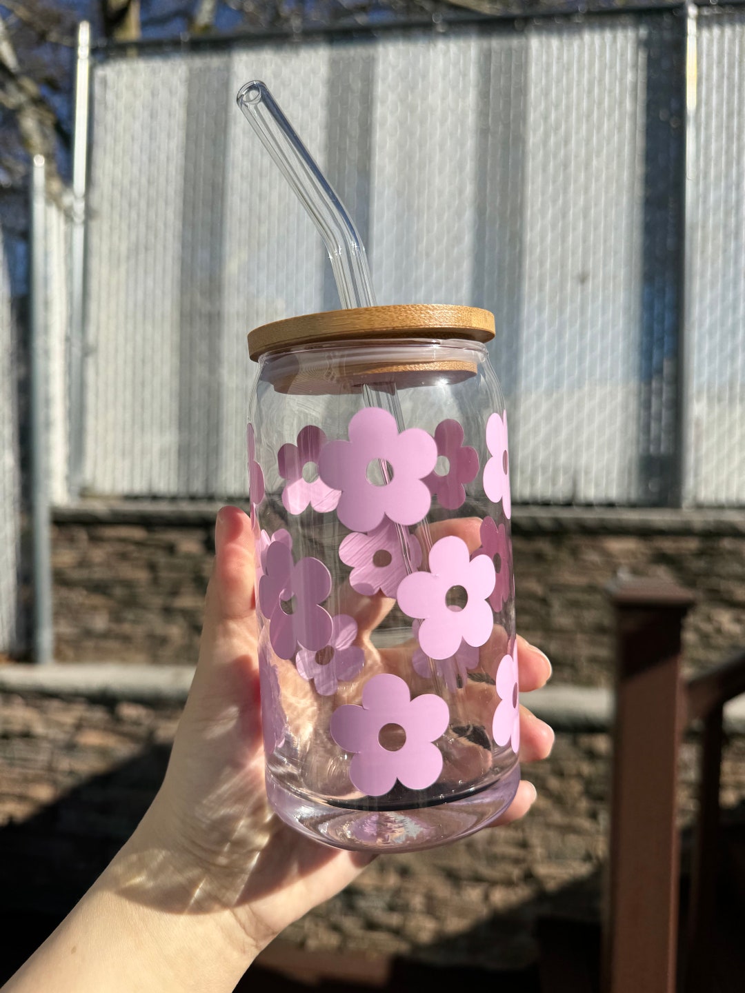 Daisy Iced Coffee Cup With Glass With Lid & Straw Retro Floral Can