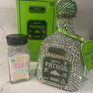 Glass Rhinestone Patrón Bottle (750ml) and salt shaker
