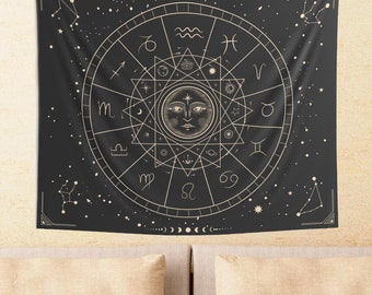 Astrology Zodiac Chart Tapestry, Mystical Celestial Wall Hanging