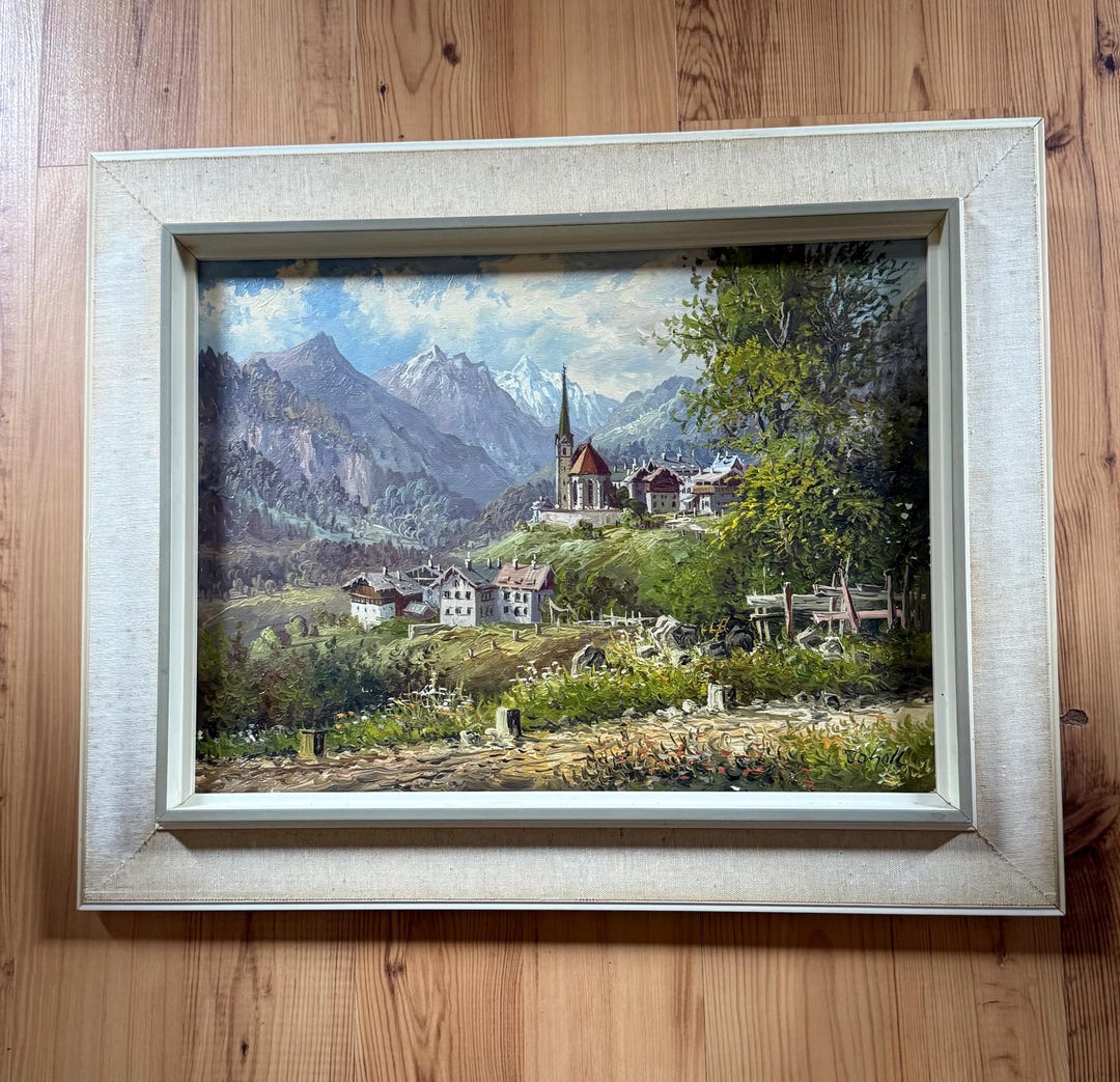 Early to Mid Century German Oil Painting of Landscape, Village, and ...