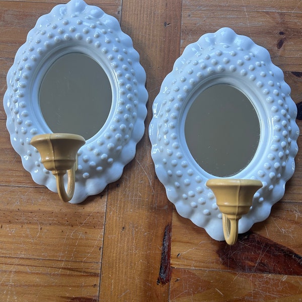 Pair of vintage faux milk glass hobnail mirrored wall sconces from the 1980’s