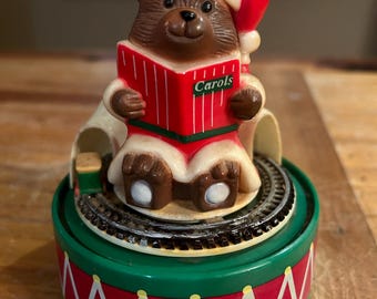 Vintage hard plastic Santa bear music box with rotating train