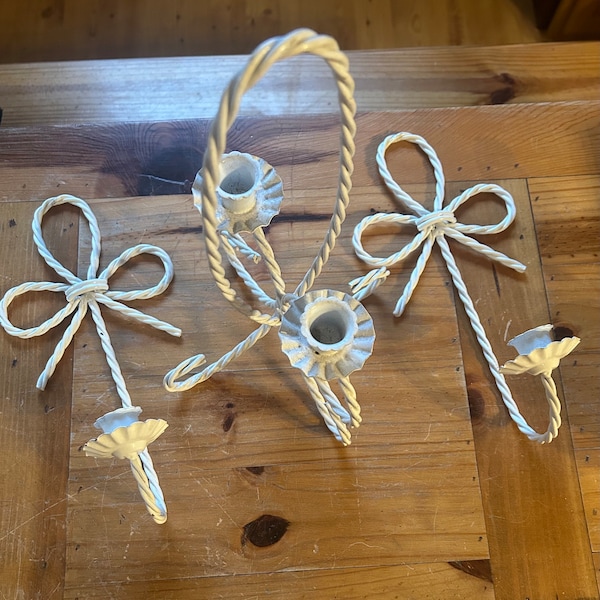 Twisted rope metal candle holders and scroll stand set