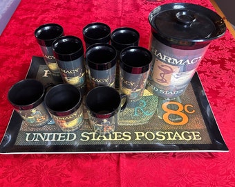 Pharmacy United States postage stamp serving tray with thermoserv pitcher, cups, and mugs