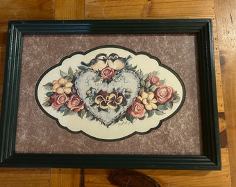 1990’s Home Interior wall hanging picture with faux green frame, bluebirds, heart, and flowers