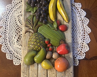 Ceramic 3-D fruits on wood handmade wall hanging