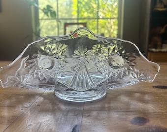 Vintage hobstar pressed glass folded fan shaped banana boat dish