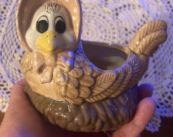 Ceramic chicken with bonnet and nest planter/vase/scrubby holder