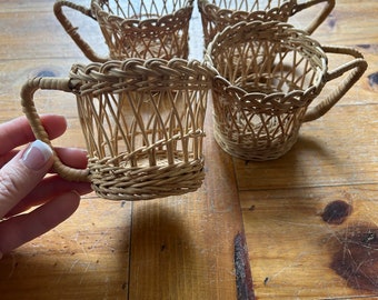 1970’s boho wicker rattan cup holders with handles, set of 4