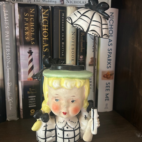 Napco little umbrella girl ceramic head vase