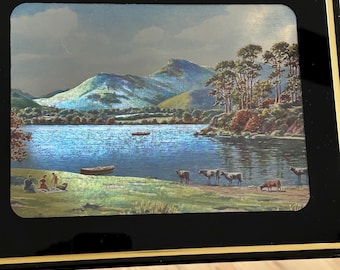 1950’s 3-D 8x10 lithograph of mountains, lake, cows, family picnic