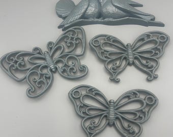 Vintage Homco gray blue pair of doves and butterfly trio Burwood wall hangings