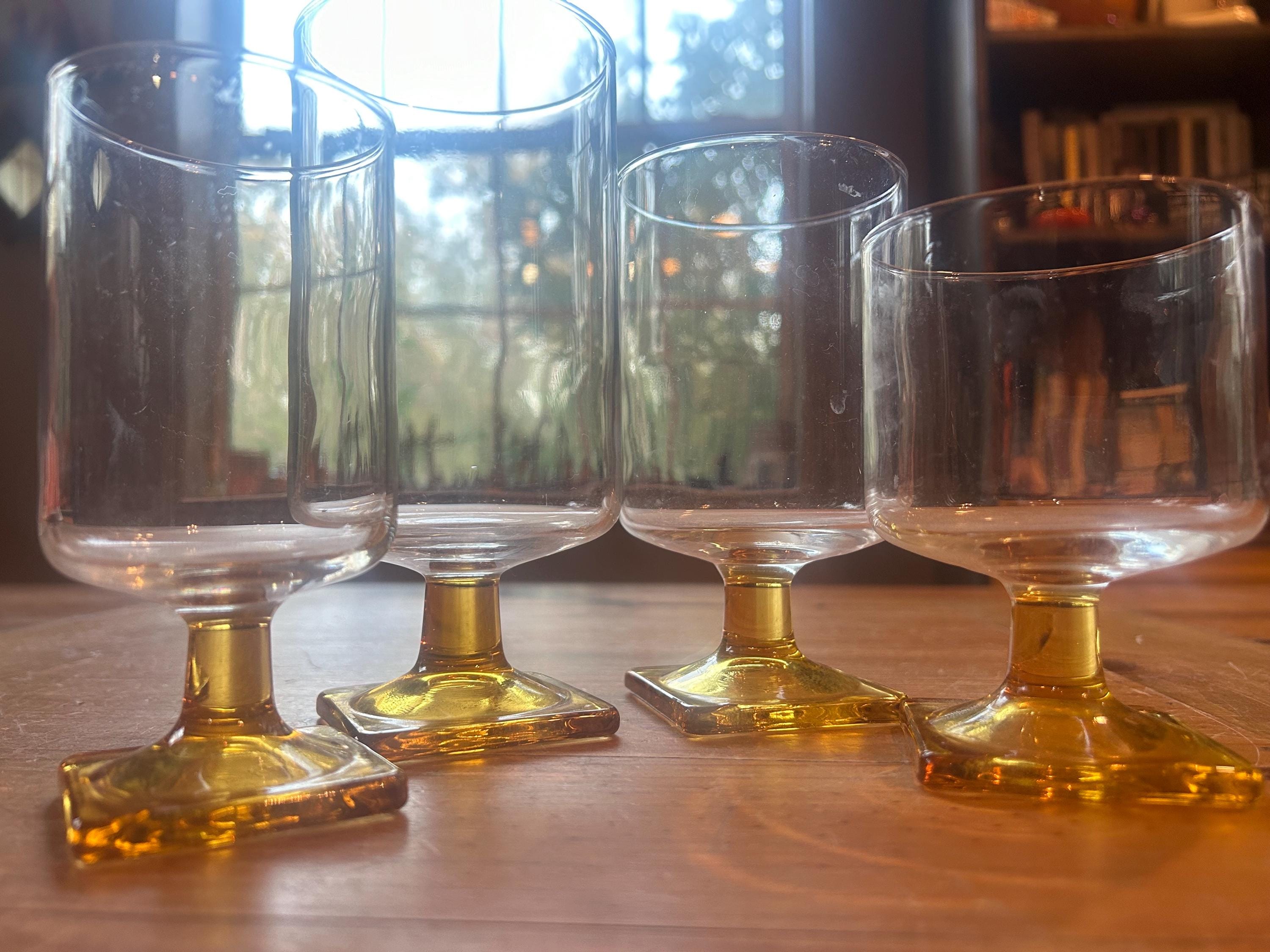 Set of 4 Federal Glass Nordic topaz square base goblets, wine glasses, glassware