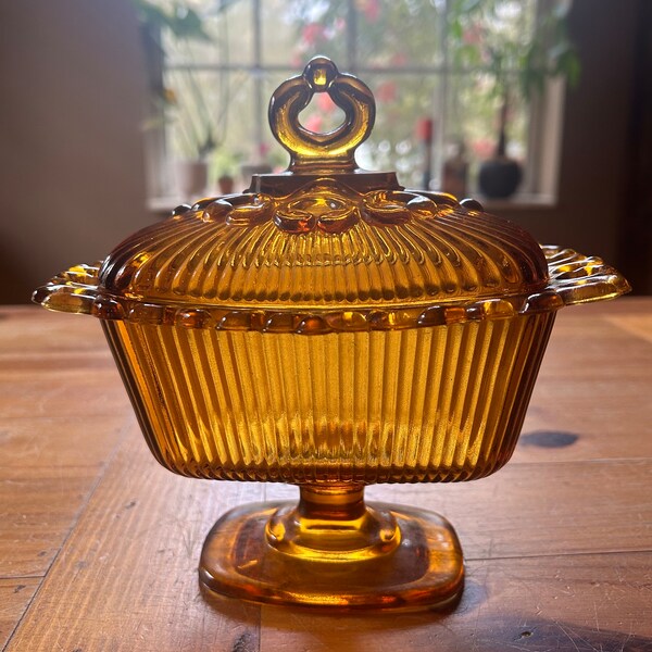 Indiana glass 1970’s Amber filigree edge oblong covered candy dish on pedestal