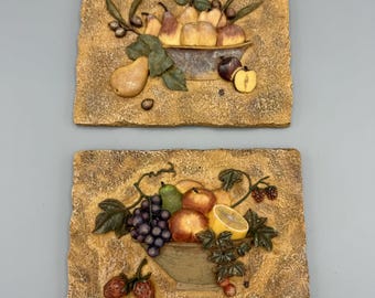 Vintage pair of Cheri Blum 3-D fruit bowl wall plaques