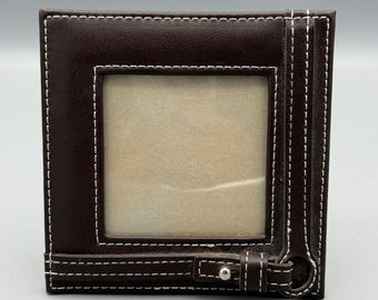 Brown leather square frame for 3x3” photo, snap-button strap accent