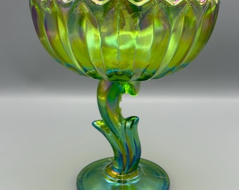 1960’s green Indiana glass lotus flower carnival glass compote candy dish