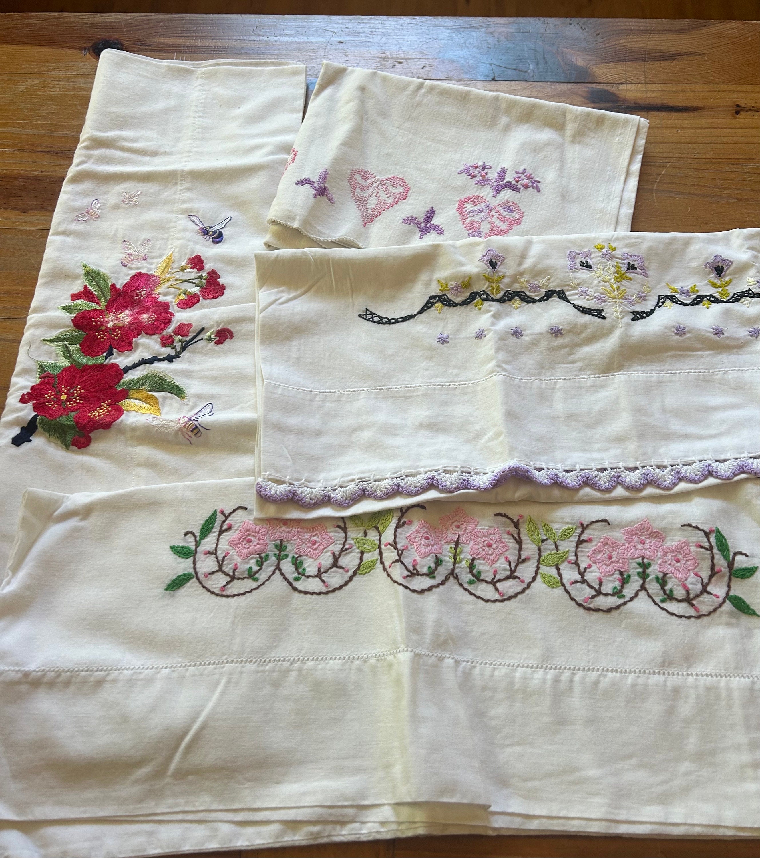 4 Gorgeous Embroidered Standard Size Pillow Cases, Floral and Heart ...