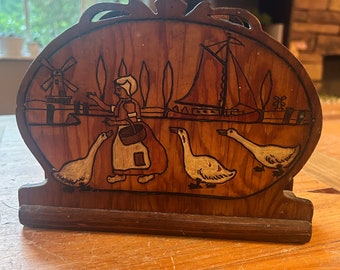 Dutch lady with geese hand carved napkin holder letter holder