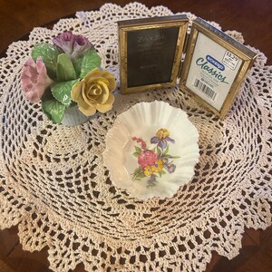 Sweet 3 piece lot includes vintage gold tone bifold frame, oval floral dish, with bone china vase with porcelain flowers image 8