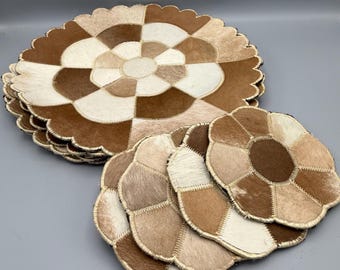 Set of 4 handcrafted cow hide  placemats and 4 coasters with scalloped flower like geometric pattern
