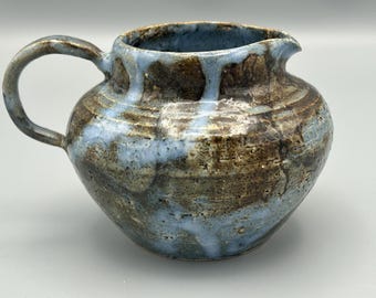 Handmade blue and brown flamed glaze miniature pitcher