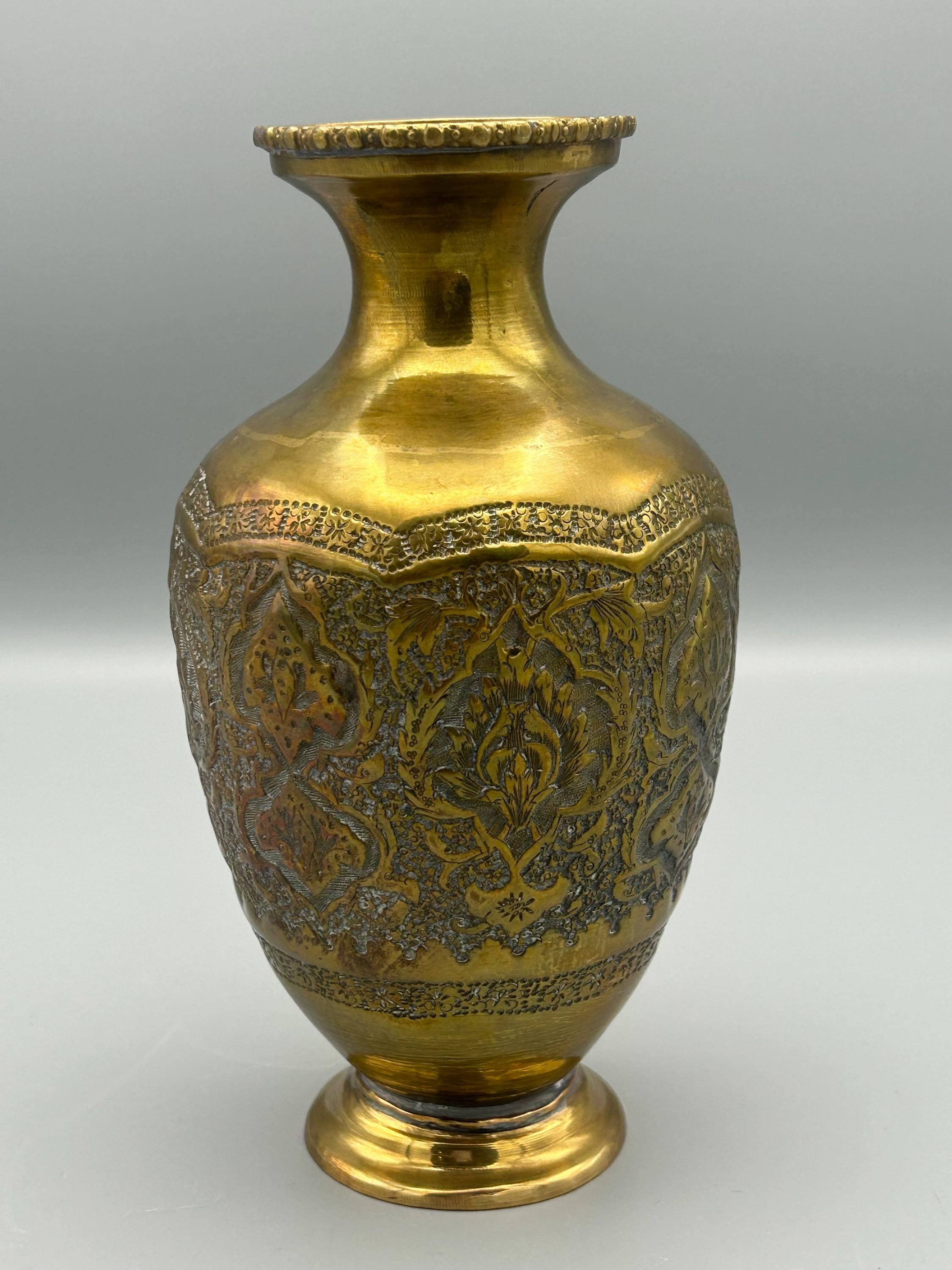 Mid East Indo Persian hand etched brass vase