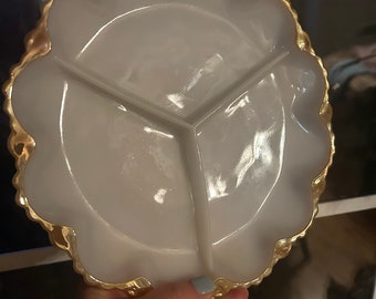 1950’s Anchor Hocking Fire King divided milk glass with gold divided serving dish