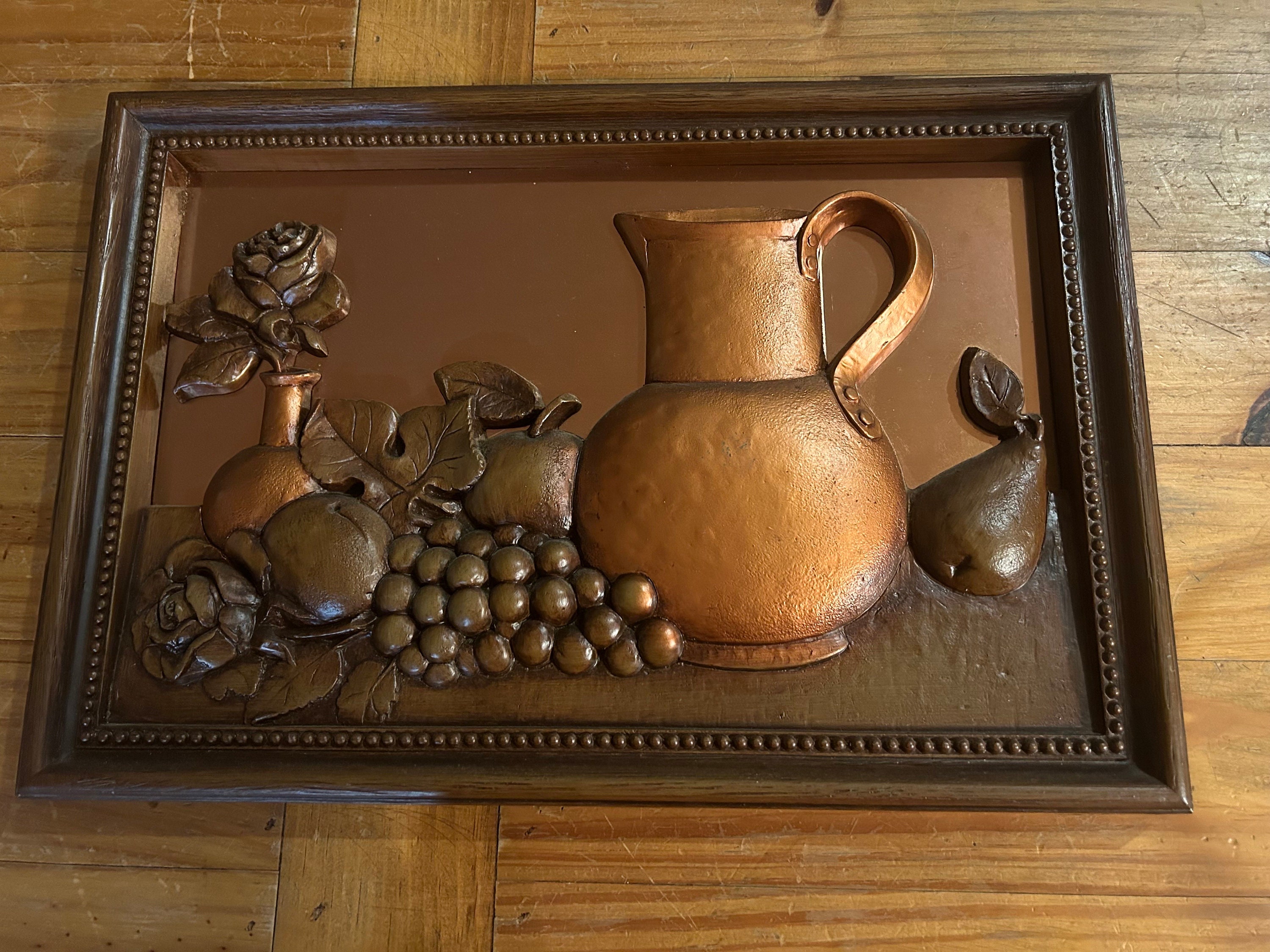 Coppercraft guild still life vintage wall hanging, MCM copper relief art