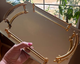 Vintage beveled mirror vanity tray with brass handles
