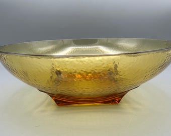 Hazel Atlas amber glass serving bowl with textured pebble stone pattern and square base