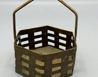 Hexagonal shape woven brass basket with arched handle