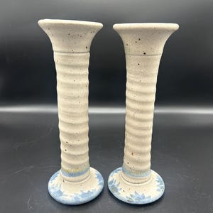 Pair of vintage pottery candlestick holders, beige and blue