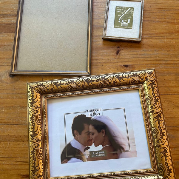 Lot of three vintage gold picture frames, 8x10, 5x7, 4x5
