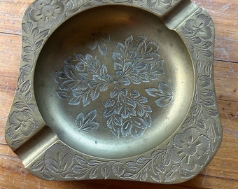 Floral etched brass ashtray