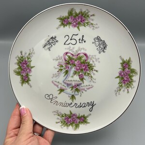 Silver 25th Anniversary pink rose collectible plate