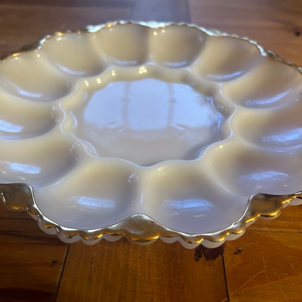 1960’s milk glass deviled egg plate with gold rim