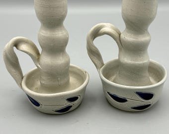 Pair of Williamsburg pottery salt glazed candleholders