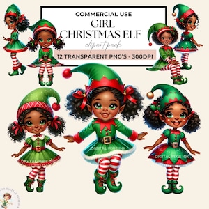 女の子のエルフのクリップアート、黒い女の子のエルフ、水彩サンタエルフのクリップアート、かわいいクリスマスの女の子のエルフの印刷可能なPNG、ダウンロード可能