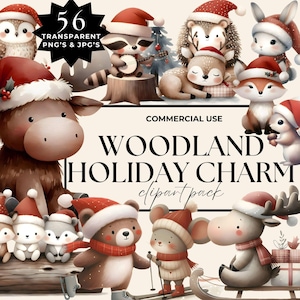 Bundle de cliparts Noël des bois animaux du pays des merveilles de l'hiver mignon aquarelle festive forêt bébé animal ours renard usage commercial PNG JPEG