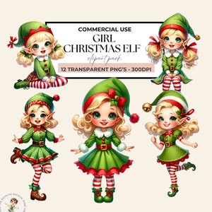 Chica Elfo Clipart, Acuarela Santa Elfo Clipart, Lindo Navidad Chica Elfo Imprimible PNG, Descargable, Svg