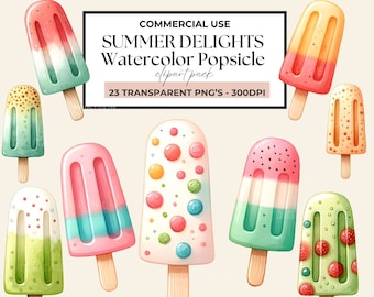 Watercolor Summer Popsicle Clipart, Ice cream Clipart Png, Commercial Use, Strawberry Popsicles, Sweet Treats, Rainbow Popsicle