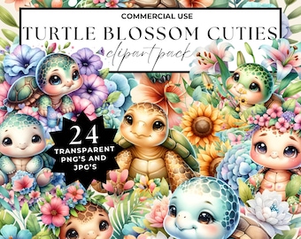 Baby Turtle With Flowers Clipart Watercolor Sea Turtle Clipart Cute Baby Turtle Junk Journal Clipart Nursery decor Png Jpg Commercial Use