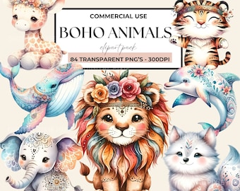 Boho Wald & Safari Tiere Clipart Mega Bundle: Aquarell Kinderzimmer Kunst, süßes Tier Babyparty PNG, Neugeborene Kind Doodles, Mondkind