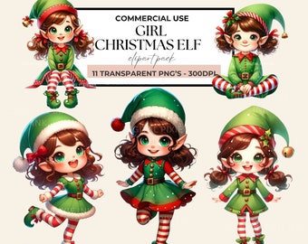 Girl Elf Clipart,  Watercolor Santa Elf Clipart, Cute Christmas Girl Elf Printable PNG, Downloadable, Svg