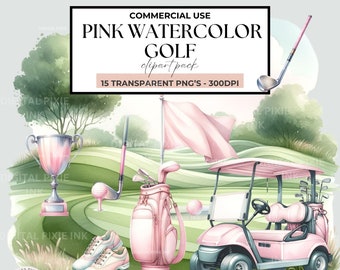 Golf Aquarell Clipart, Golf Geburtstag Clipart, Mädchen Golf Clipart, Golfball Clipart, Golftasche Clipart, Golf Wagen Clipart, Golf Tee Clipart