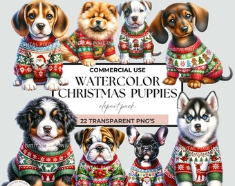 May include: A set of 8 watercolor illustrations of Christmas puppies wearing festive sweaters. The puppies are all different breeds and are in various poses. The illustrations are perfect for creating holiday cards, invitations, or other festive projects.