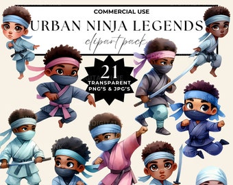 Ninja Clipart, Ninja Birthday Clipart, Cute Warrior Kids Png Bundle, Black Boy Afro Clipart, African American Clipart, Commercial Use, Jpeg