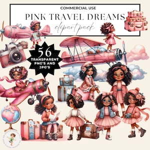 African American Girl reis png, vliegtuig babyshower clipart, reizen aquarel clipart roze girly, zwart meisje met bagage clipart bundel